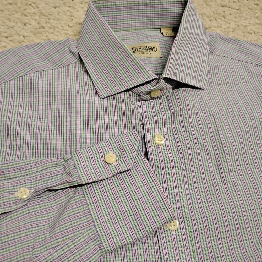 Gitman Bro's Dress Shirt Mens Medium Green Purple Tattersall Check USA Button